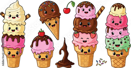 The image is a collection of cartoon-style ice cream cones and sundaes, all with cute, anthropomorphic faces.