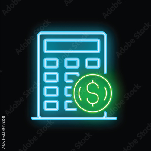 Glowing neon line calculator with dollar symbol icon isolated on black background. Vector illustration