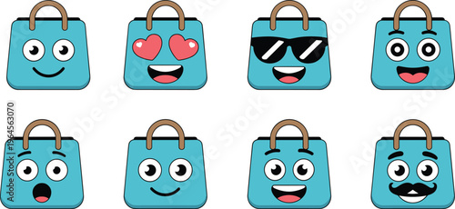 Set of cute teal shopping bag cartoon characters with various facial expressions and emotions for retail marketing e-commerce sales branding mascot design isolated on white background vector