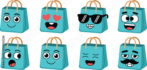 Set of cute teal shopping bag cartoon characters with various facial expressions and emotions for retail 