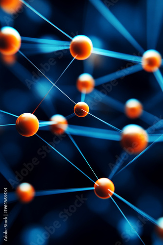 Dynamic molecular interaction in abstract science visualization digital artwork deep blue environment close-up perspective conceptual representation of connectivity