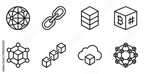Cryptocurrency mining and global network line icons featuring bitcoin hashing and cloud storage art