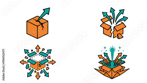 Broken box with arrows vector icon set