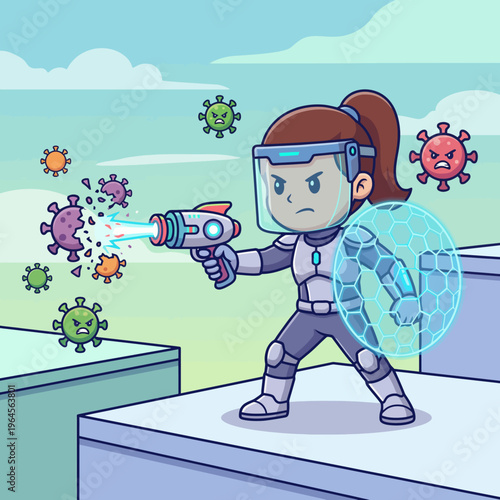 This dynamic illustration depicts a fierce character equipped to combat cartoon viruses, showcasing an empowering approach to health and wellness through engaging gaming visuals.