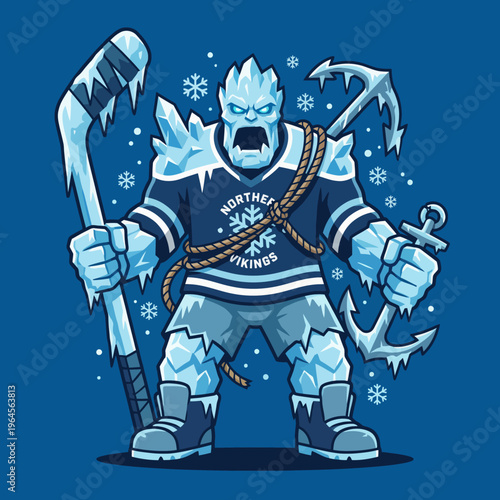 An imposing ice warrior stands tall with a fierce expression, wielding an anchor and hockey stick, embodying strength and bravery in a striking winter-themed sports design.