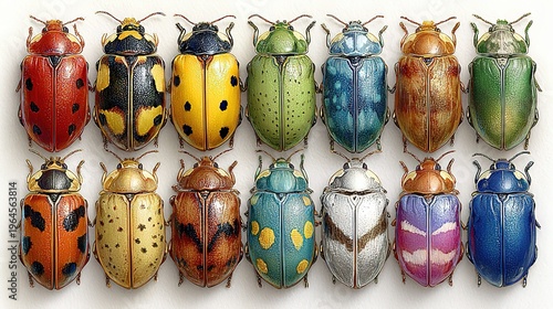 Vibrant Colorful Leaf Beetles Collection, Entomology Specimens on White Background: Nature Art for Education, Decor and Design Projects