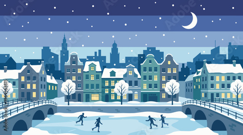 A serene winter night scene featuring cozy houses, falling snow, and joyful ice skaters, capturing the enchanting magic of winter nights and festive spirit.