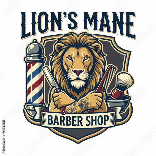 This bold logo showcases a lion with crossed barber tools, emphasizing a stylish grooming service. Perfect for attracting clients seeking a fierce barbershop experience.
