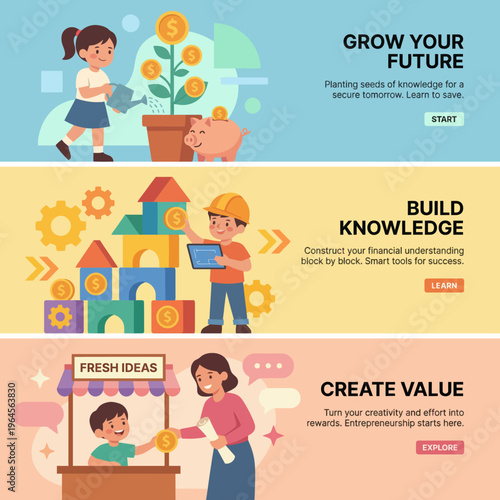 An illustration of children learning financial concepts playfully by saving money and building blocks, showcasing the importance of financial literacy from a young age.