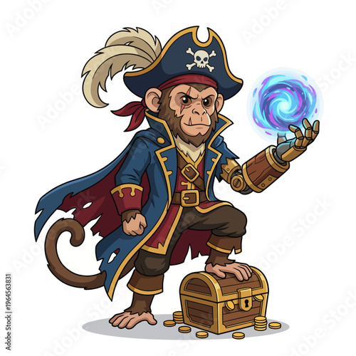 This vibrant illustration presents a pirate monkey standing proudly on a treasure chest, showcasing adventure and mischief in a whimsical cartoon style that captures imagination.