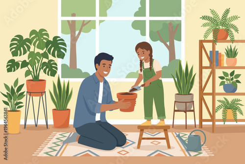 A heartwarming scene captures a father and daughter gardening together, reinforcing the values of family bonding, nurturing nature, and teaching life skills while smiling joyfully.