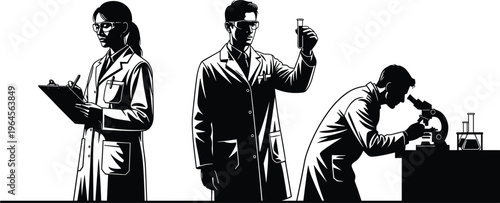 Scientists working in laboratory silhouette set with microscope analysis, experiment research, and lab equipment, scientific teamwork concept in vector illustration