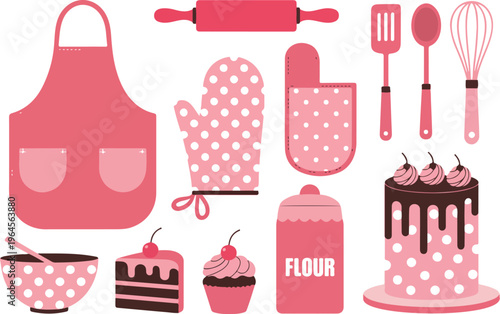 Vector icons collection on baking theme, cute cartoon bakery tools, ingredients, pastries, and dessert illustration set
