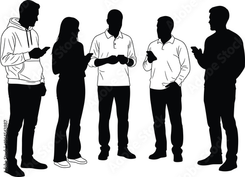 Silhouettes of people using smartphones while standing together, social communication, mobile technology interaction and modern digital lifestyle concept isolated background
