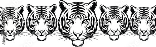 Tiger head collection, wild cat face set, predatory animal line art, jungle wildlife, black white cad drawing flat vector illustration, flavector