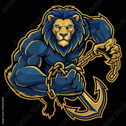 This striking image portrays a muscular lion holding chains and an anchor, symbolizing strength, resilience, and the power of leadership in a dramatic artistic style.