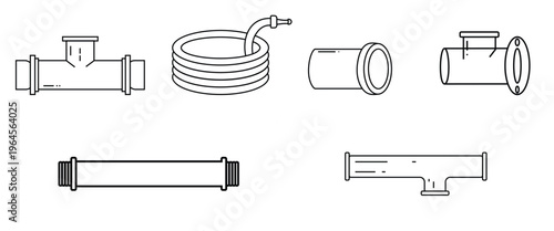 Industrial plumbing pipe line icon set of various steel connection fittings and garden hose coiled