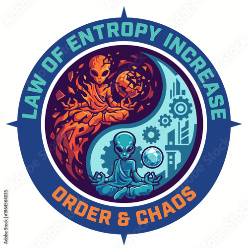 This captivating design illustrates the concept of entropy using alien figures and a clever yin-yang motif, exploring themes of chaos and harmony in an intriguing manner.