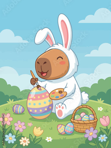 A cheerful bunny in a fluffy costume painting vibrant Easter eggs, bringing a sense of joy and creativity, perfectly capturing the spirit of spring and festive celebrations.