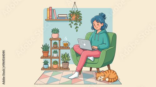 This warm and inviting illustration depicts a woman comfortably using a laptop in a cozy space surrounded by plants, a cup of tea, and her relaxed cat, capturing tranquility and relaxation.
