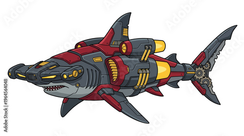 An innovative design of a mechanical shark, featuring futuristic elements and distinctive style, perfect for sci-fi themes, technology, or unique character branding.
