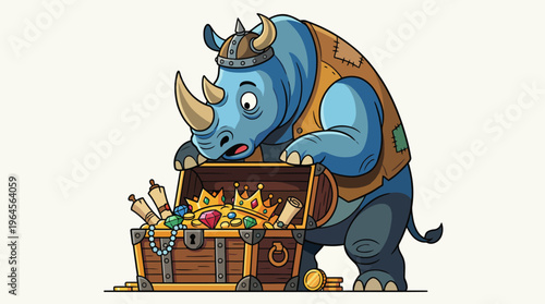 A quirky illustration of a rhino curiously guarding a treasure chest full of jewels and gold, symbolizing adventure, curiosity, and protection in a playful manner.