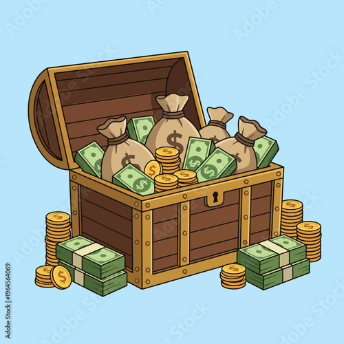A wooden treasure chest is overflowing with bags of money, stacks of cash, and coins, symbolizing wealth, prosperity, and the allure of riches, all against a blue background.