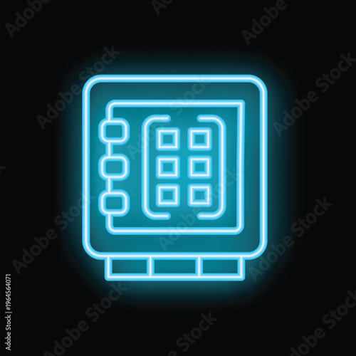 Neon sign depicting a safe deposit box glowing blue with a black background