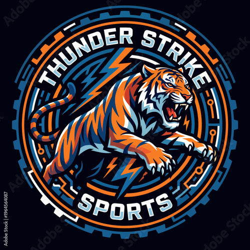 This impactful logo for Thunder Strike Sports features a fierce tiger in motion, representing speed, strength, and competitive spirit, ideal for sports-related branding.