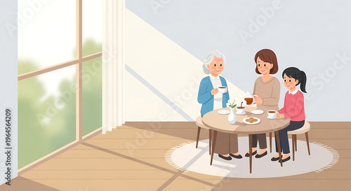Three generations of women enjoying a heartwarming tea time gathering, sharing stories and laughter in a bright, sunlit room at home