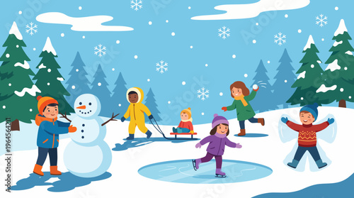 A group of joyful children engage in various winter activities like building a snowman, ice skating, and sledding, embodying the spirit of fun and friendship in the snow.