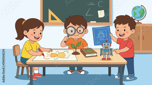 A vibrant scene depicting children actively engaging in classroom activities, showcasing collaboration, learning, and creativity in a friendly educational environment.