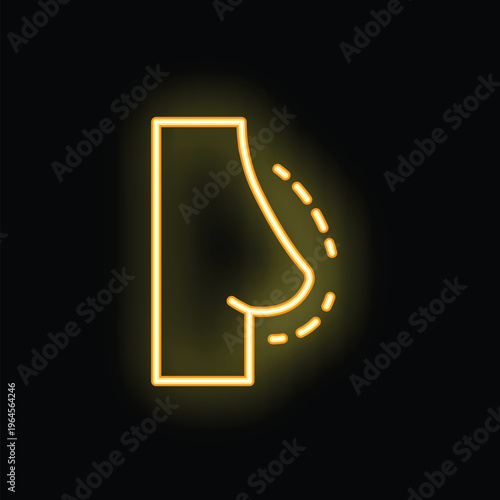 Neon yellow icon of breast reduction surgery glowing on black background