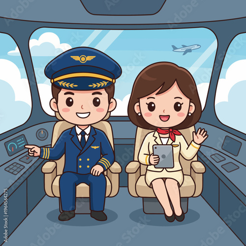 A cheerful pilot and flight attendant inside an airplane cockpit are presented, highlighting teamwork, aviation, and the welcoming atmosphere of air travel to passengers.