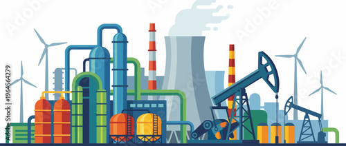 This vibrant industrial scene captures various energy sources, including wind, oil, and nuclear, representing the modern landscape of energy production and industrial progress.