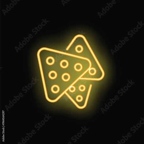 Neon sign depicting two nachos with holes, glowing yellow against a dark background