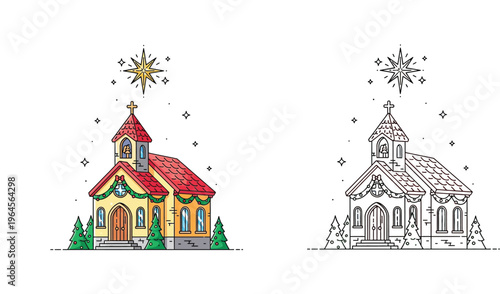 Festive Christmas church with decorations and bright star. Colored vector illustration and black and white line art outline version for coloring book.