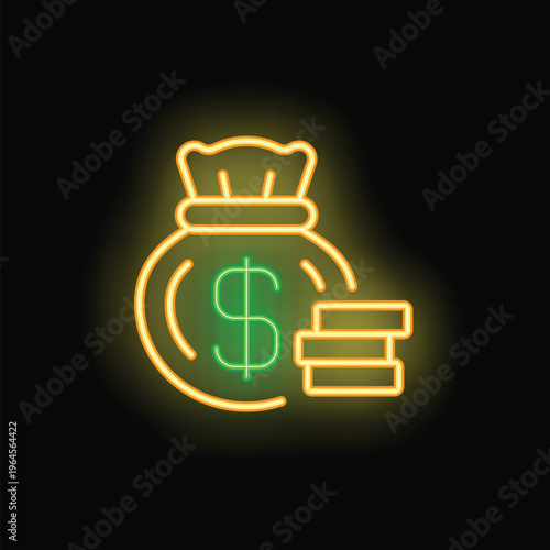 Neon sign representing a money bag with a dollar sign on it and stacks of coins, hinting at wealth and savings