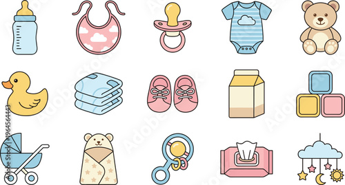 Baby Essentials Vector Icon Set Featuring Bottles, Pacifier, Clothes, Toys, and Nursery Items for Infant Care, Parenting, and Childcare Design Projects
