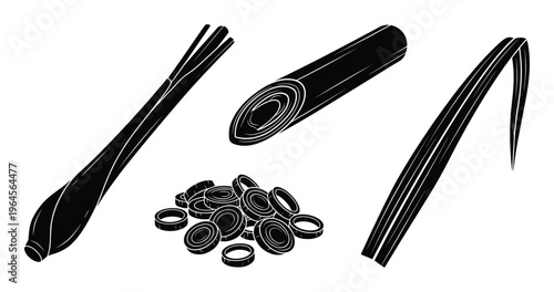 Lemongrass stalk, sliced lemongrass and leaf, black silhouette vector illustrations