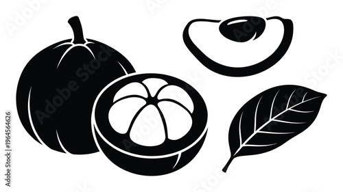 Mangosteen fruit icons including whole piece half slice and leaf isolated black silhouette graphics