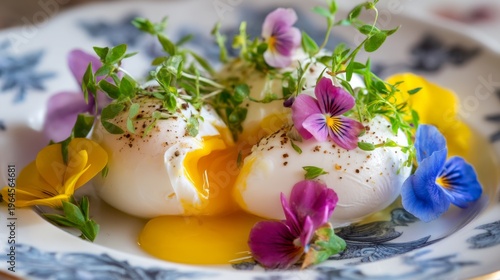 Freshly Poached Eggs Garnished with Colorful Edible Flowers and Herbs on a Decorative Plate