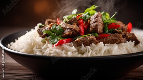 Deliciously cooked rice topped with tender beef, fresh herbs, and vibrant red peppers, creating a mouthwatering dish perfect for any food lover
