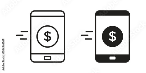 Mobile banking icons line and solid version, outline and filled vector design set