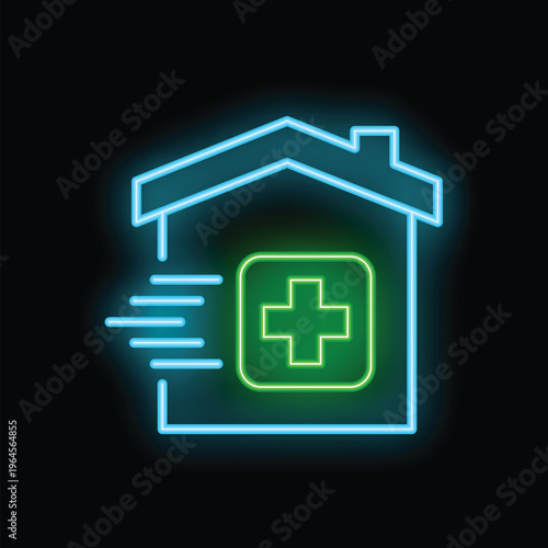 Neon sign is glowing in the dark, representing the concept of house call doctor visit