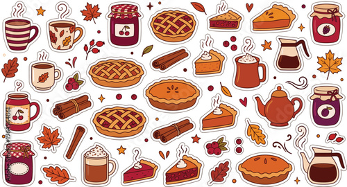 Autumn Food and Drink Vector Sticker Set Featuring Pumpkin Pie, Coffee, Tea, Jam, Leaves, and Cozy Fall Dessert Elements in Cute Flat Style