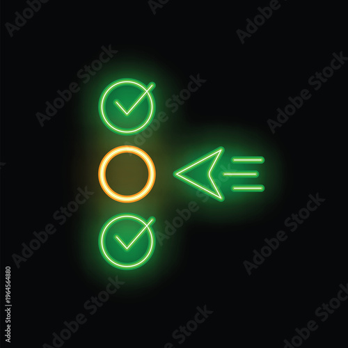 Neon sign of a left arrow button undoing a choice between two green check marks on a black background