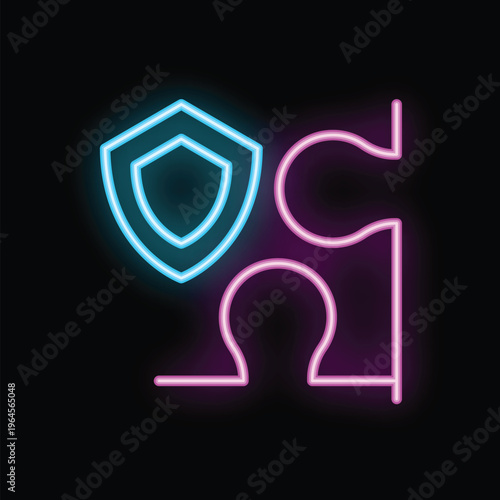 Neon sign showing a shield protecting a puzzle piece, representing the concept of cybersecurity