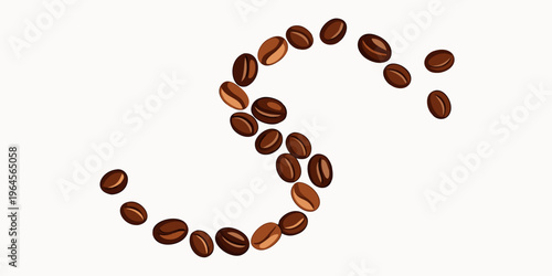 Roasted coffee beans, curved arrangement, s-shape flow, falling coffee beans, scattered, top down view, flat lay, isolated on white background, minimalist, commercial food photography, cut out