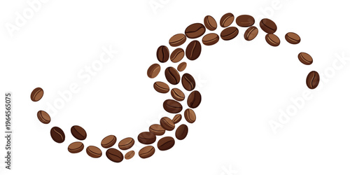 Roasted coffee beans, curved arrangement, s-shape flow, falling coffee beans, scattered, top down view, flat lay, isolated on white background, minimalist, commercial food photography, cut out